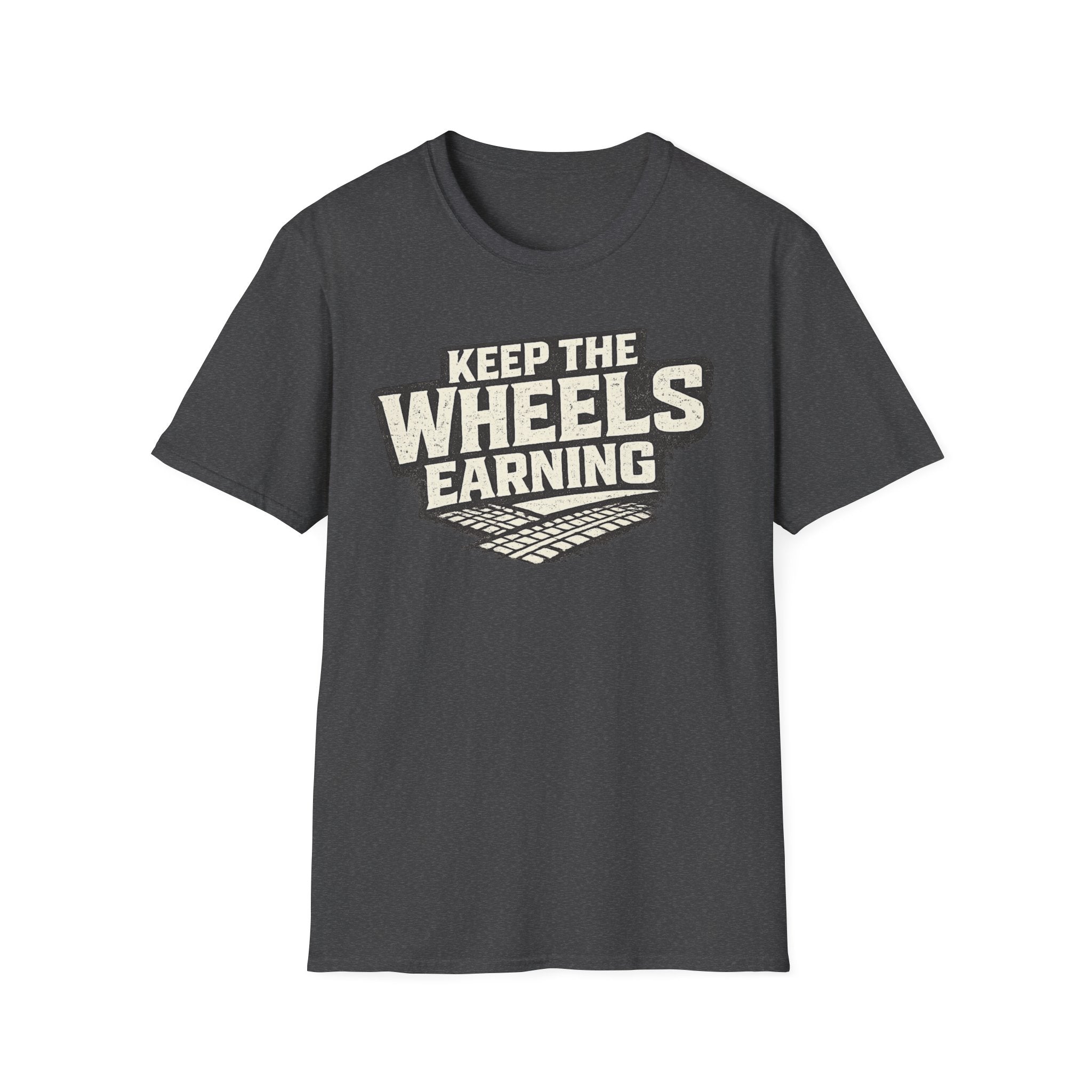 dark heather 'keep the wheels earning' t-shirt with tracks on it with a white background