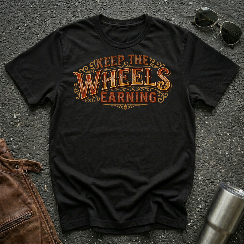 Black 'Keep The Wheels Earning' Vintage RV Transport T-shirt featuring vintage gold and rust typography on a soft unisex tee.
