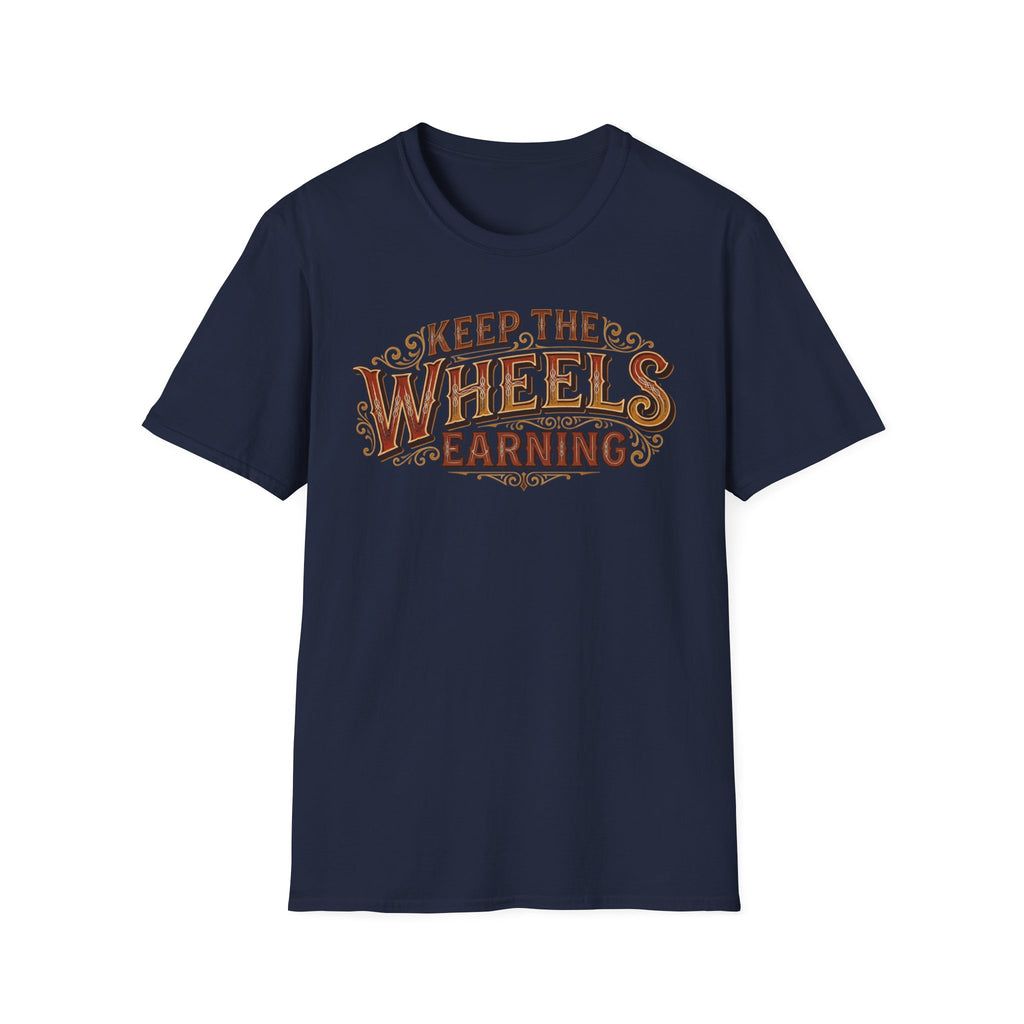 Navy 'Keep The Wheels Earning' vintage RV Transport T-shirt featuring vintage gold and rust typography on a soft unisex tee on a white background.