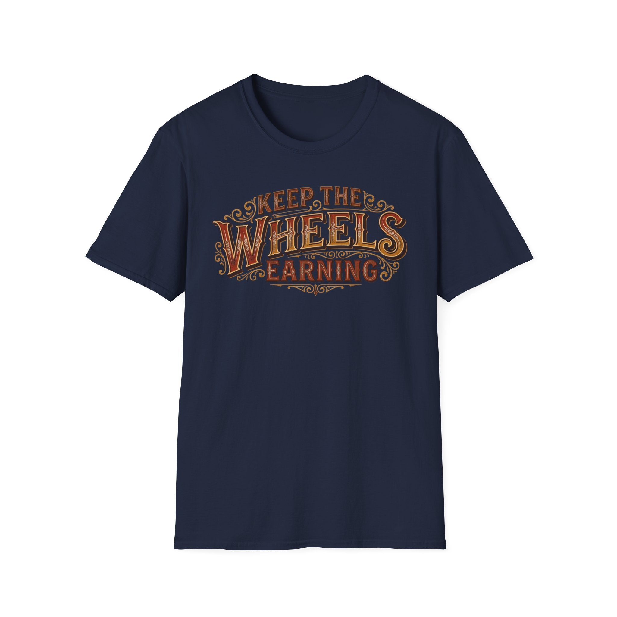 Navy 'Keep The Wheels Earning' vintage RV Transport T-shirt featuring vintage gold and rust typography on a soft unisex tee on a white background.