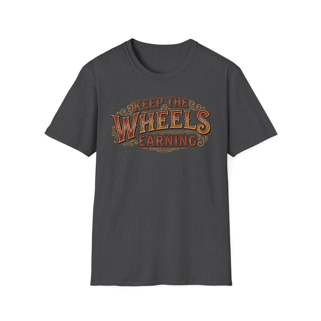 Dark heather 'Keep The Wheels Earning' vintage RV Transport T-shirt featuring vintage gold and rust typography on a soft unisex tee on a white background.