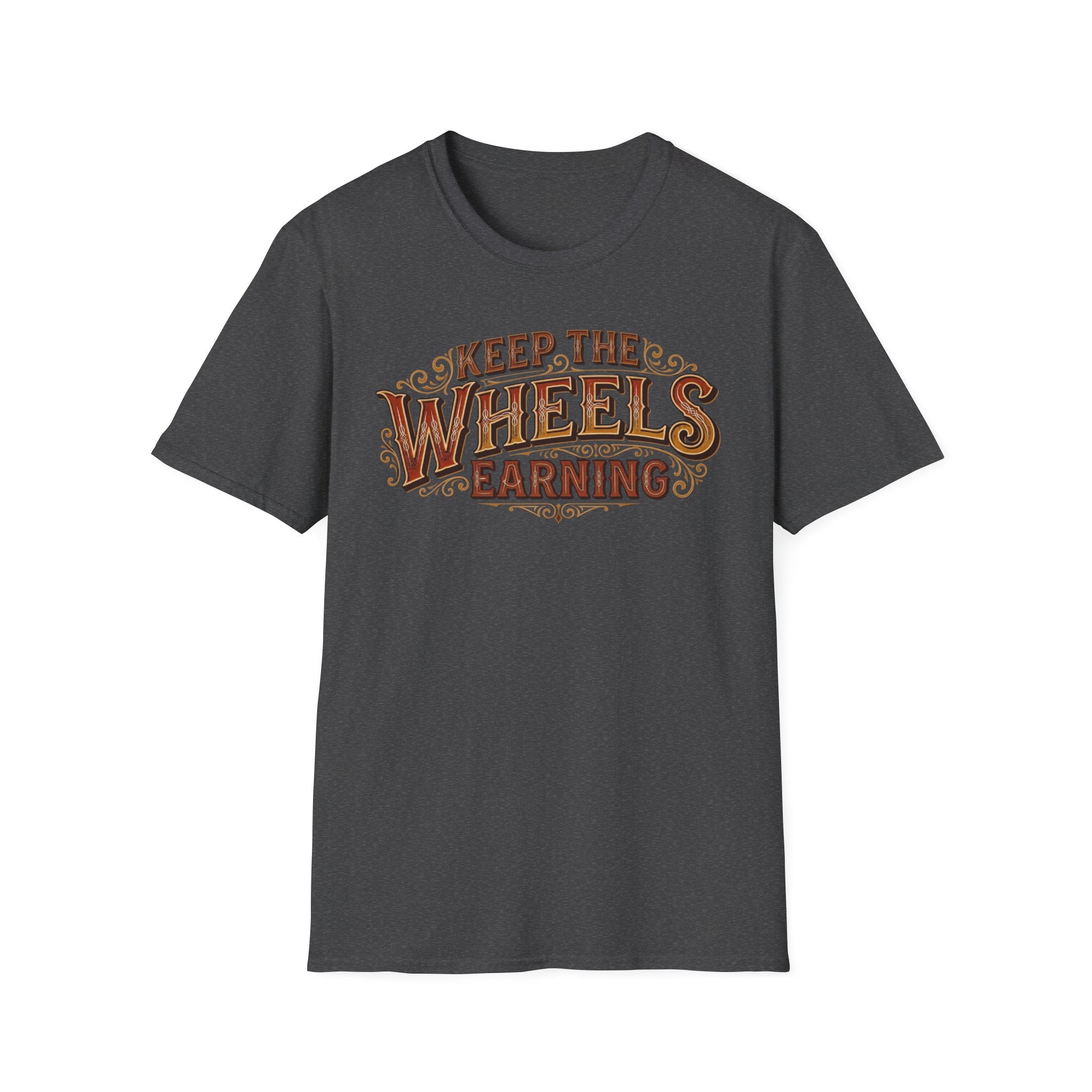 Dark heather 'Keep The Wheels Earning' vintage RV Transport T-shirt featuring vintage gold and rust typography on a soft unisex tee on a white background.