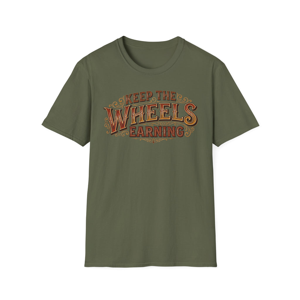 Military green 'Keep The Wheels Earning' vintage RV Transport T-shirt featuring vintage gold and rust typography on a soft unisex tee with a white background.