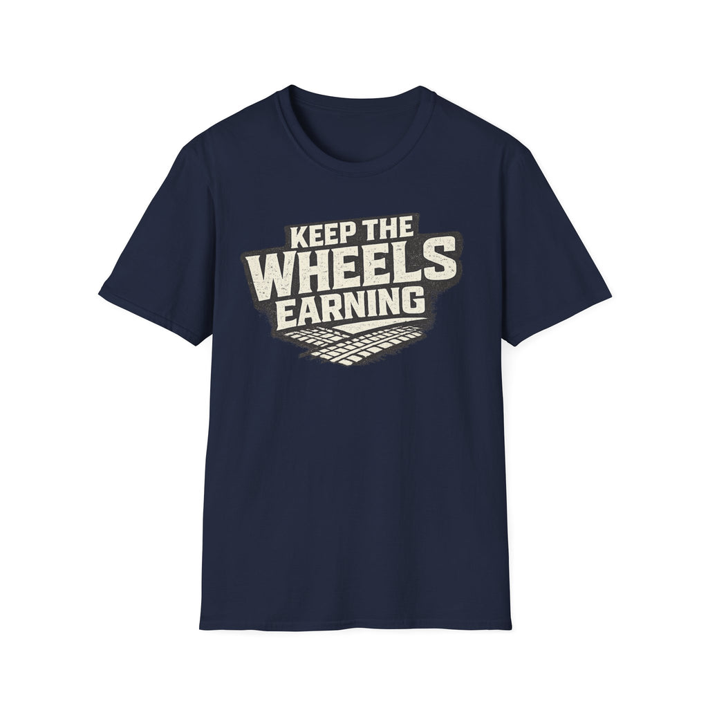 navy 'keep the wheels earning' t-shirt with tracks on it with a white background