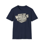 navy 'keep the wheels earning' t-shirt with tracks on it with a white background