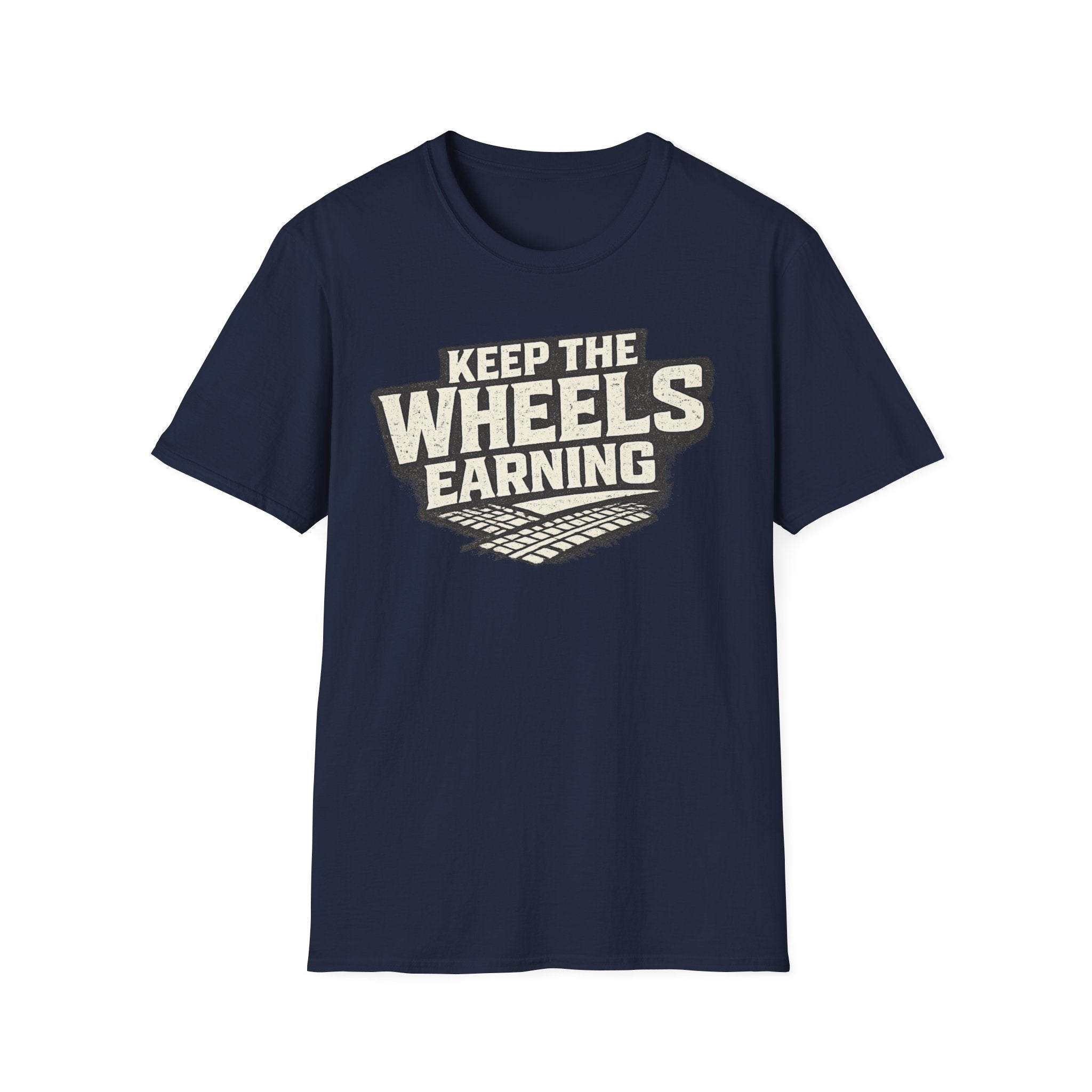 navy 'keep the wheels earning' t-shirt with tracks on it with a white background