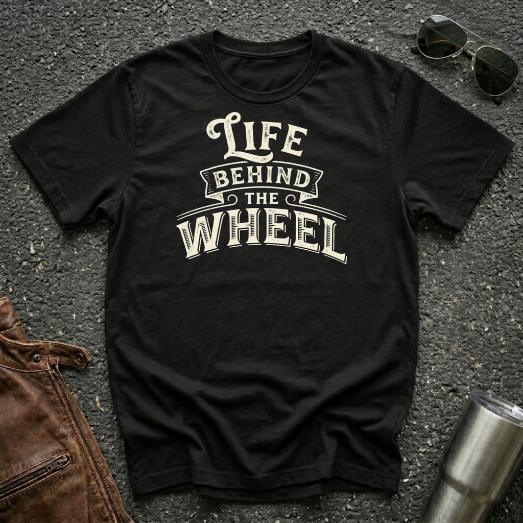 A black short-sleeve t-shirt with a distressed cream graphic reading 'LIFE BEHIND THE WHEEL' laid flat on a dark asphalt-like surface. Sunglasses, brown leather jacket, and a metal tumbler are partially visible around the shirt as styling props.