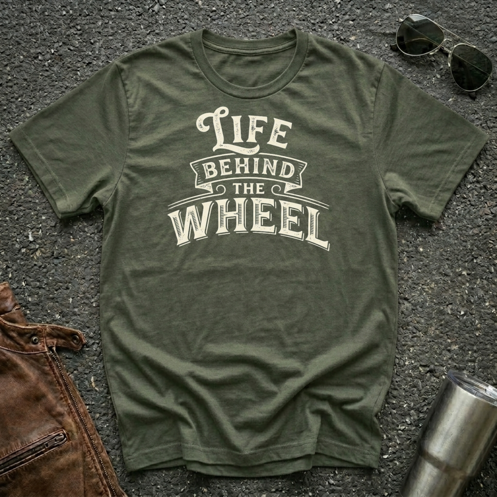 A military green short-sleeve t-shirt with a distressed cream graphic reading 'LIFE BEHIND THE WHEEL' laid flat on a dark asphalt-like surface. Sunglasses, brown leather jacket, and a metal tumbler are partially visible around the shirt as styling props.