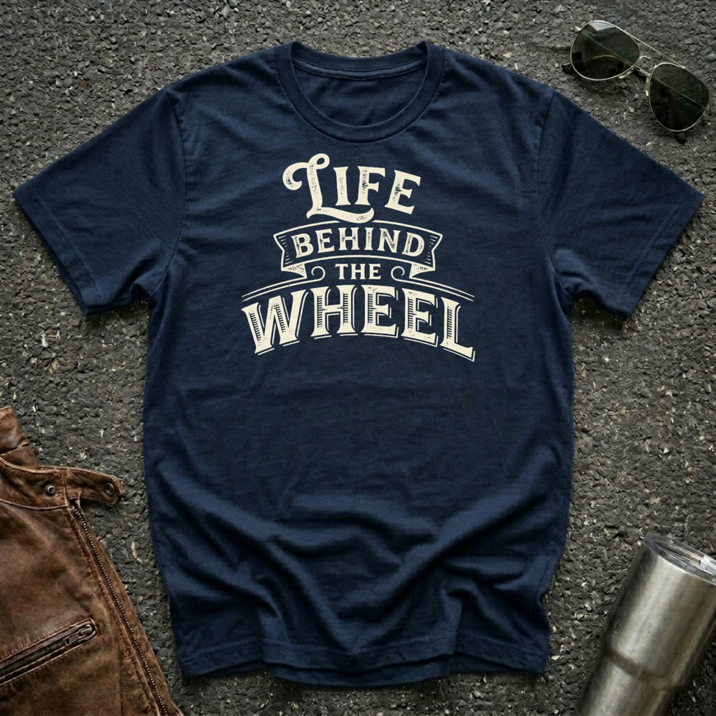 A navy blue short-sleeve t-shirt with a distressed cream graphic reading 'LIFE BEHIND THE WHEEL' laid flat on a dark asphalt-like surface. Sunglasses, brown leather jacket, and a metal tumbler are partially visible around the shirt as styling props.