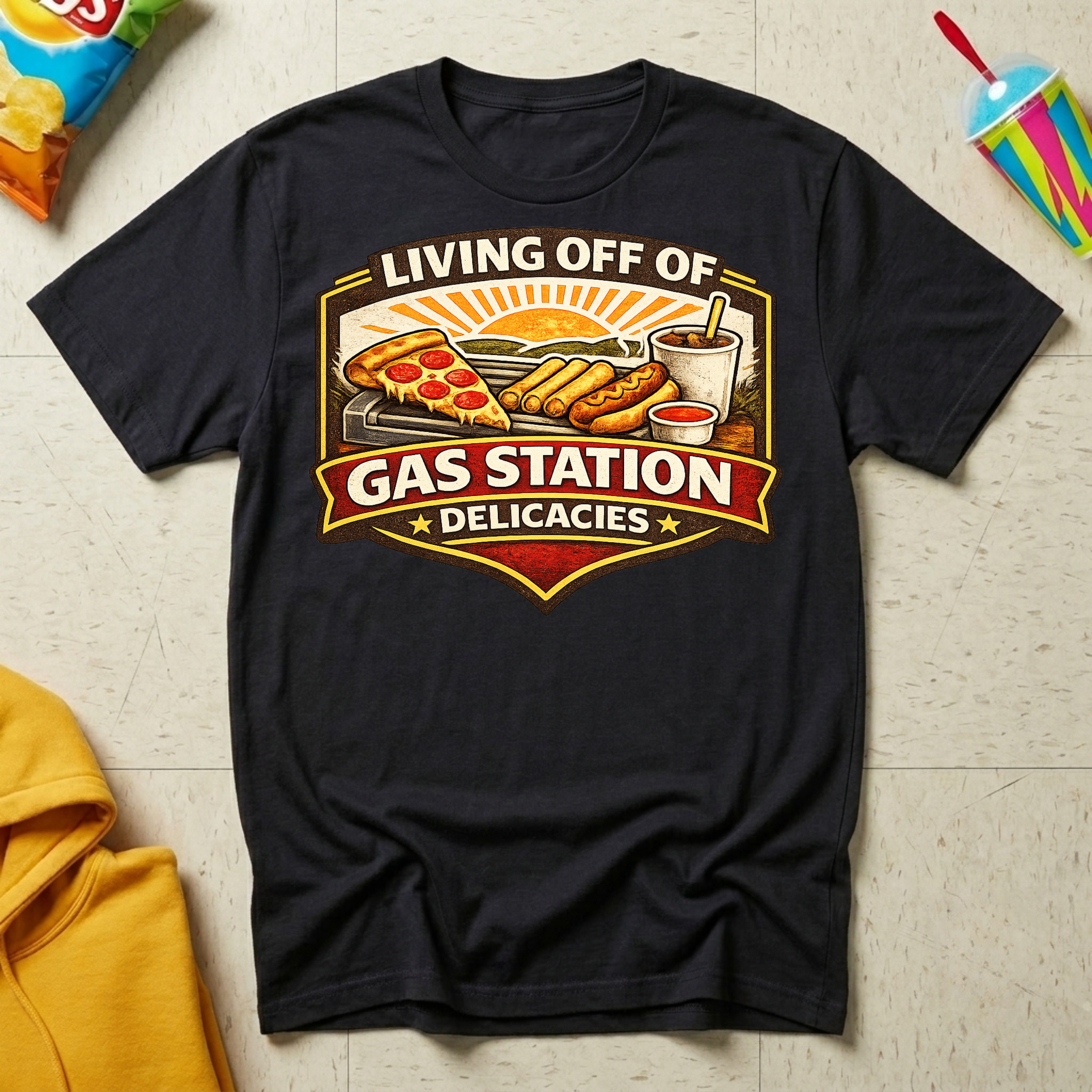 Living Off of Gas Station Delicacies T-shirt by The Riverstone Life on a black Gildan Softstyle 64000 featuring a vintage gas station food graphic with pizza, hot dogs, taquitos, and coffee.