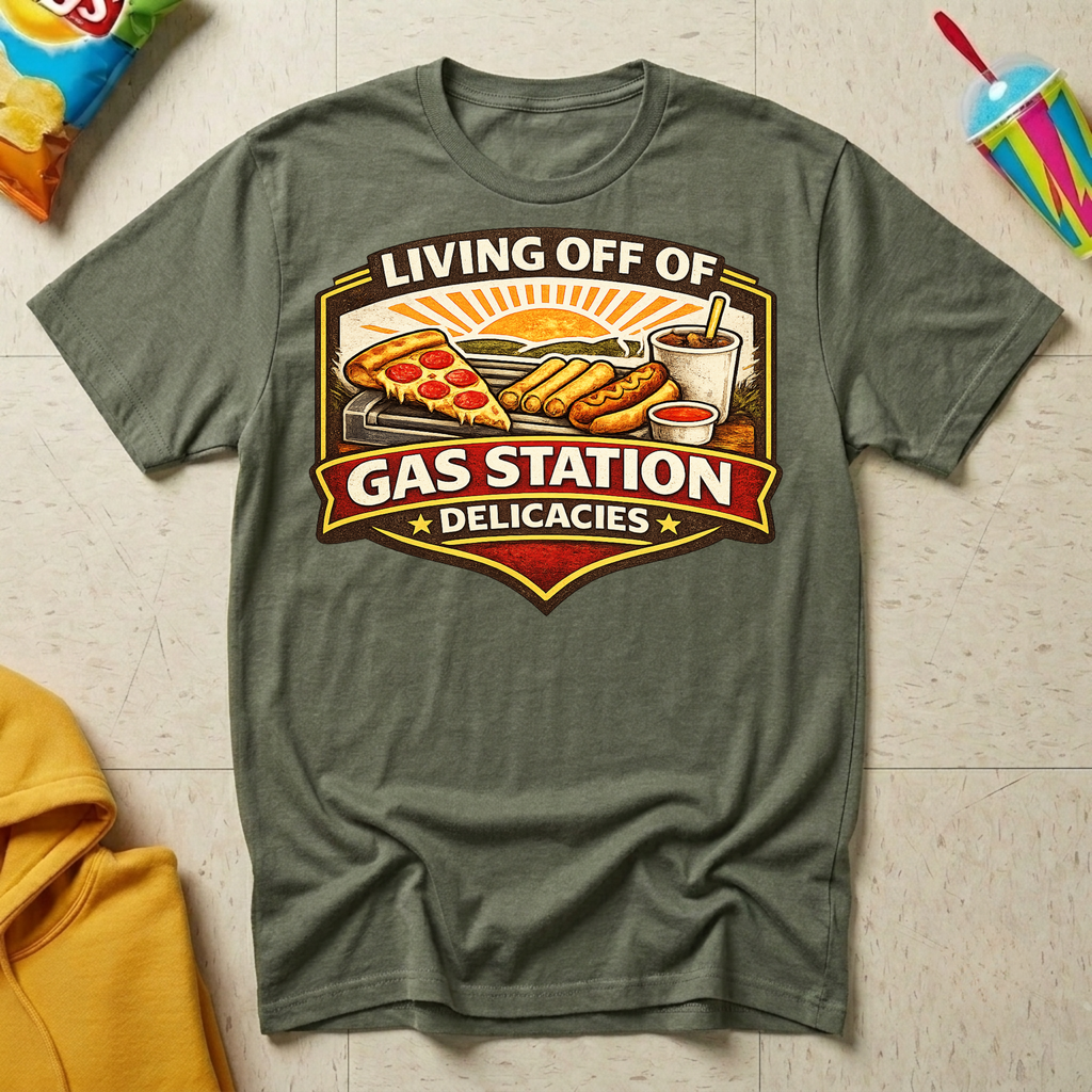 Living Off of Gas Station Delicacies T-shirt by The Riverstone Life on a military green Gildan Softstyle 64000 featuring a vintage gas station food graphic with pizza, hot dogs, taquitos, and coffee.