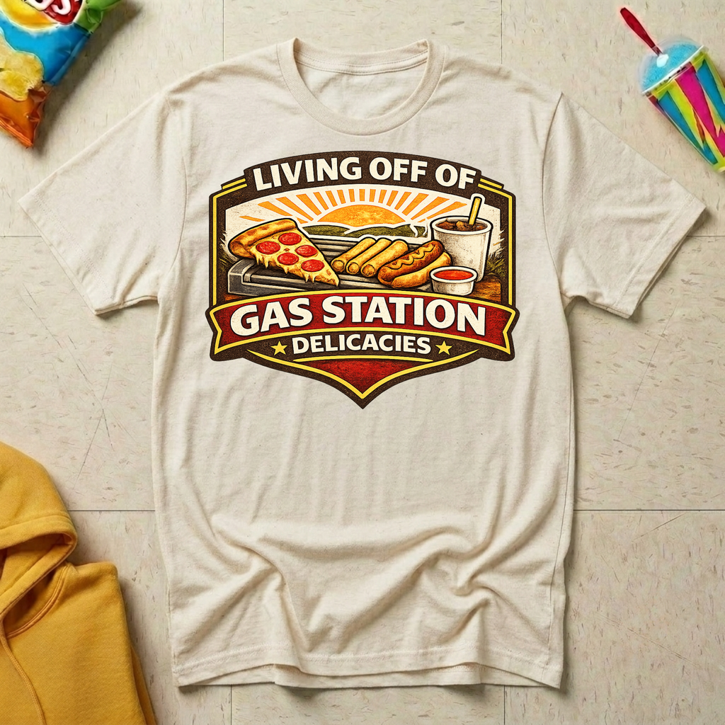 Living Off of Gas Station Delicacies T-shirt by The Riverstone Life on a natural Gildan Softstyle 64000 featuring a vintage gas station food graphic with pizza, hot dogs, taquitos, and coffee.