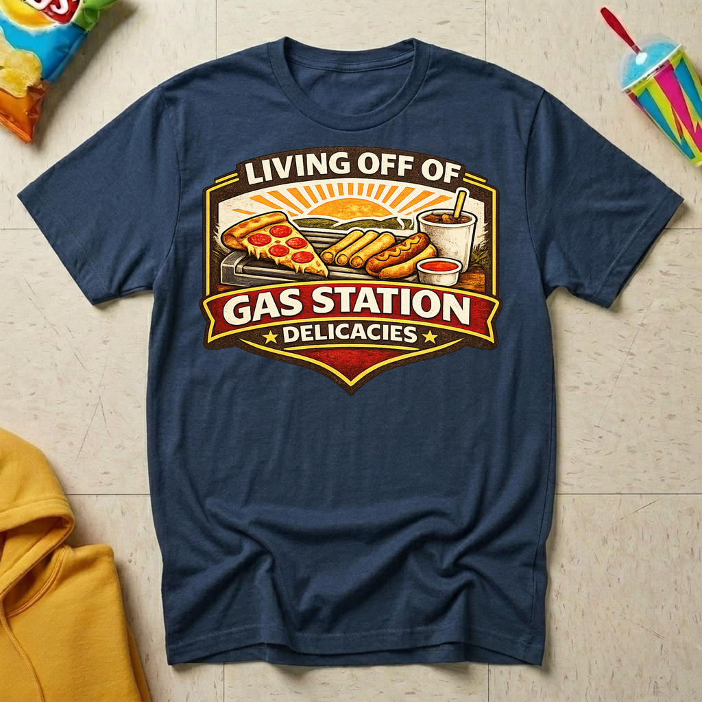Living Off Of Gas Station Delicacies T-shirt by The Riverstone Life on a navy Gildan Softstyle 64000 featuring a vintage gas station food graphic with pizza, hot dogs, taquitos, and coffee.