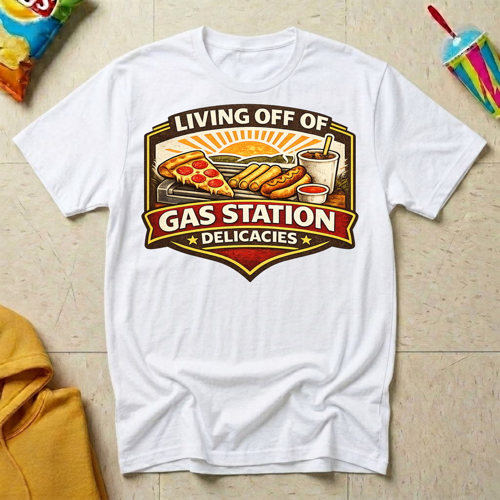 Living Off of Gas Station Delicacies T-shirt by The Riverstone Life on a white Gildan Softstyle 64000 featuring a vintage gas station food graphic with pizza, hot dogs, taquitos, and coffee.