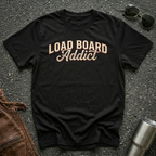 Load Board Addict black typography design on Gildan 64000 unisex tee flat lay