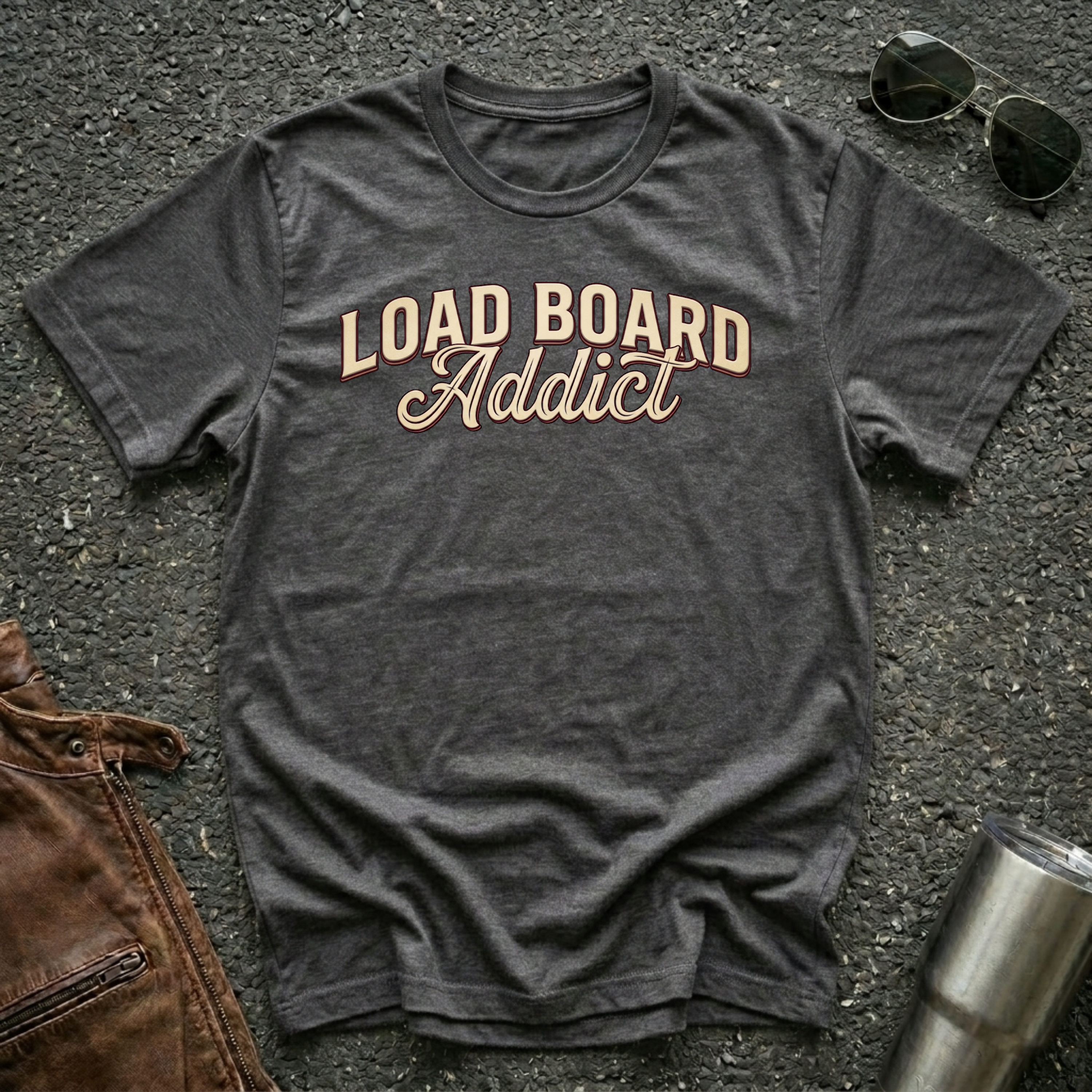 Load Board Addict dark heather typography design on Gildan 64000 unisex tee flat lay