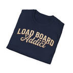 Load Board Addict navy t-shirt vintage style typography folded on a white background.