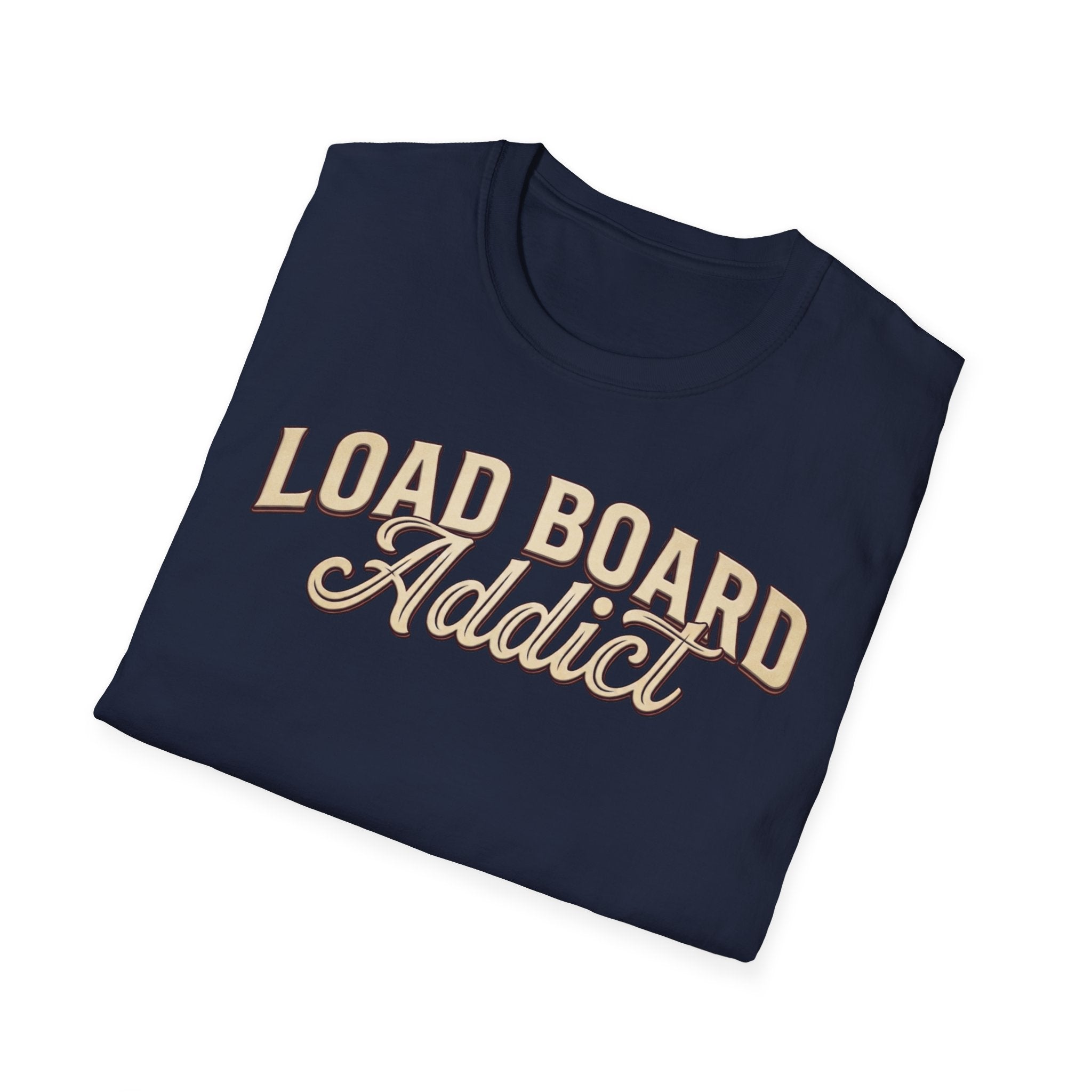 Load Board Addict navy t-shirt vintage style typography folded on a white background.