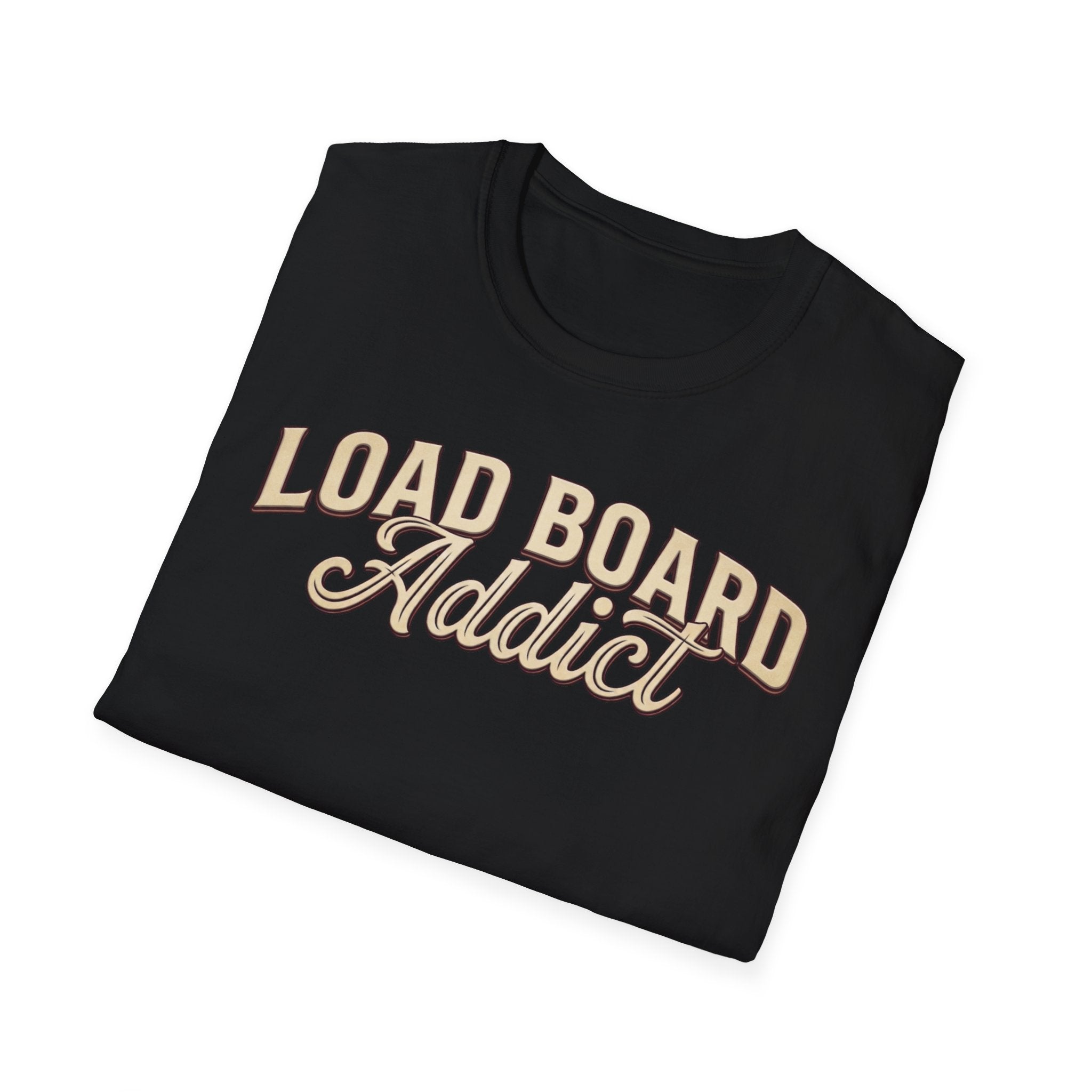 A folded black t-shirt with 'LOAD BOARD Addict' printed with gradient text on the front, displayed on a clean white background.
