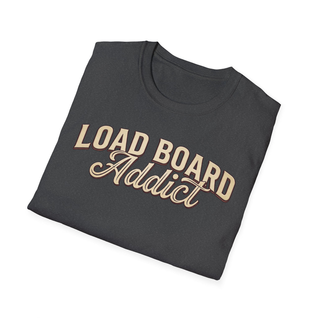 A folded dark charcoal dark heather  t-shirt with 'LOAD BOARD Addict' printed in  retro-style font on the front, set against a plain white background.