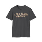 Load Board Addict dark heather t-shirt with typography vintage style on a white background.