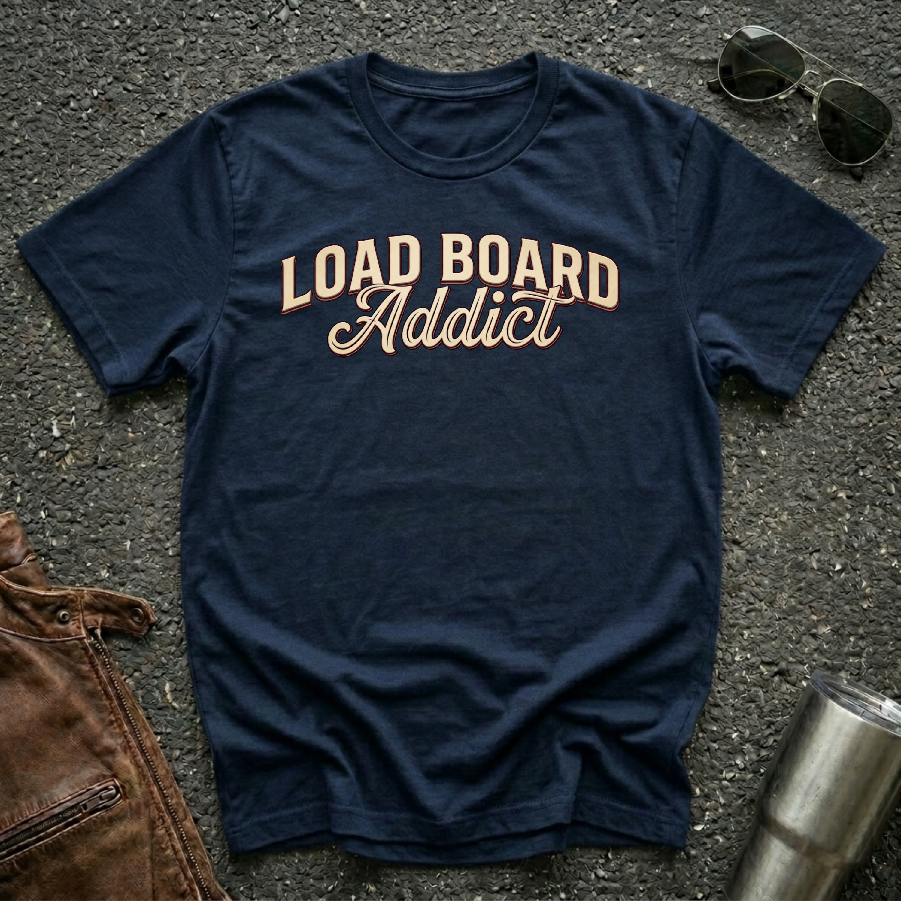Load Board Addict navy typography design on Gildan 64000 unisex tee flat lay