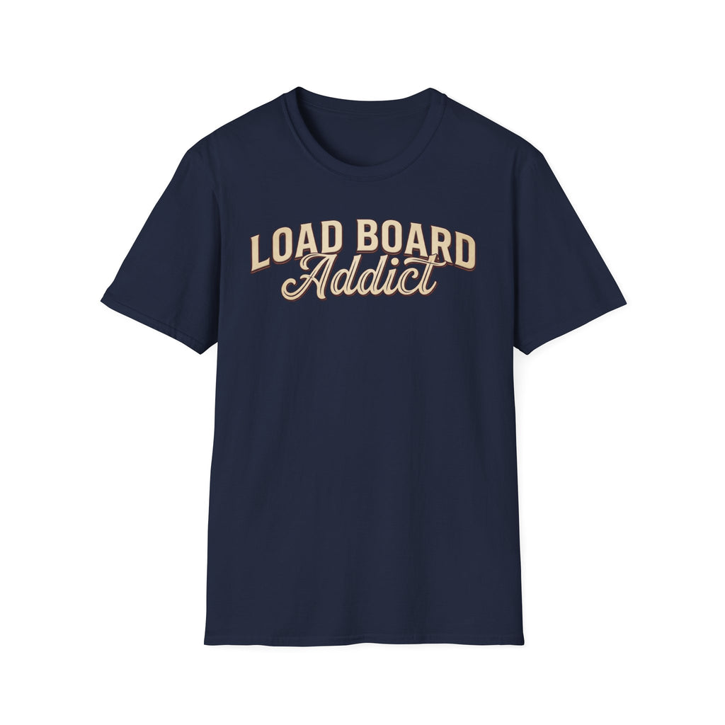Load Board Addict navy t-shirt with typography vintage style on a white background.