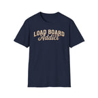 Load Board Addict navy t-shirt with typography vintage style on a white background.