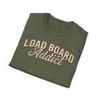An olive green folded t-shirt with 'LOAD BOARD Addict' printed text on the front, set against a plain white background.