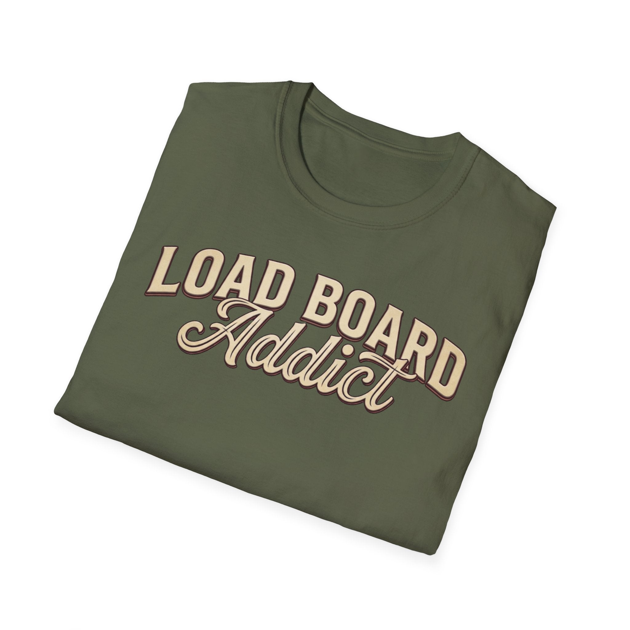 An olive green folded t-shirt with 'LOAD BOARD Addict' printed text on the front, set against a plain white background.