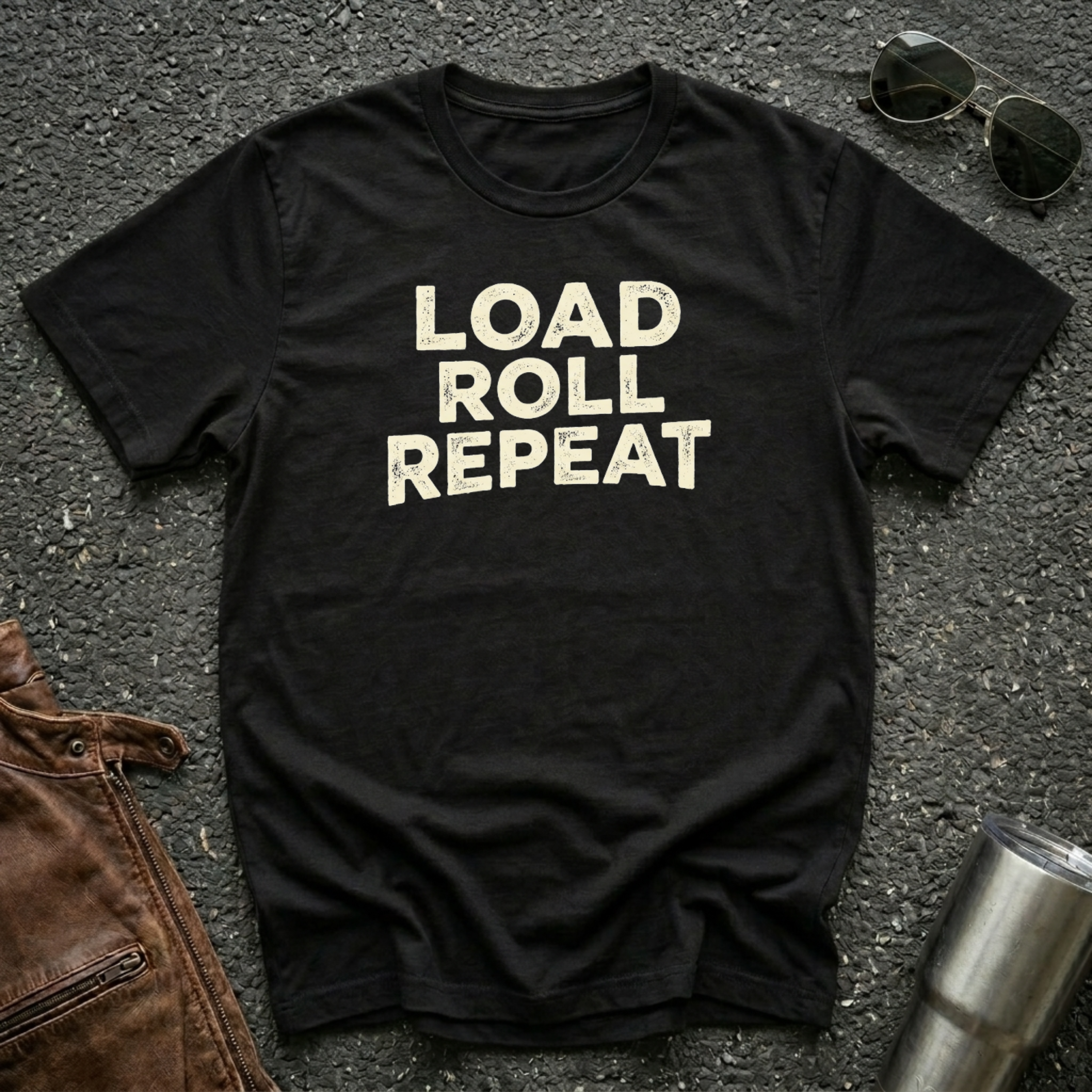 'Load Roll Repeat' typography design on black Gildan 64000 unisex t-shirt