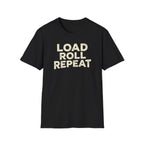 Black t-shirt with a graphic design and text 'Load Roll Repeat' on a white background