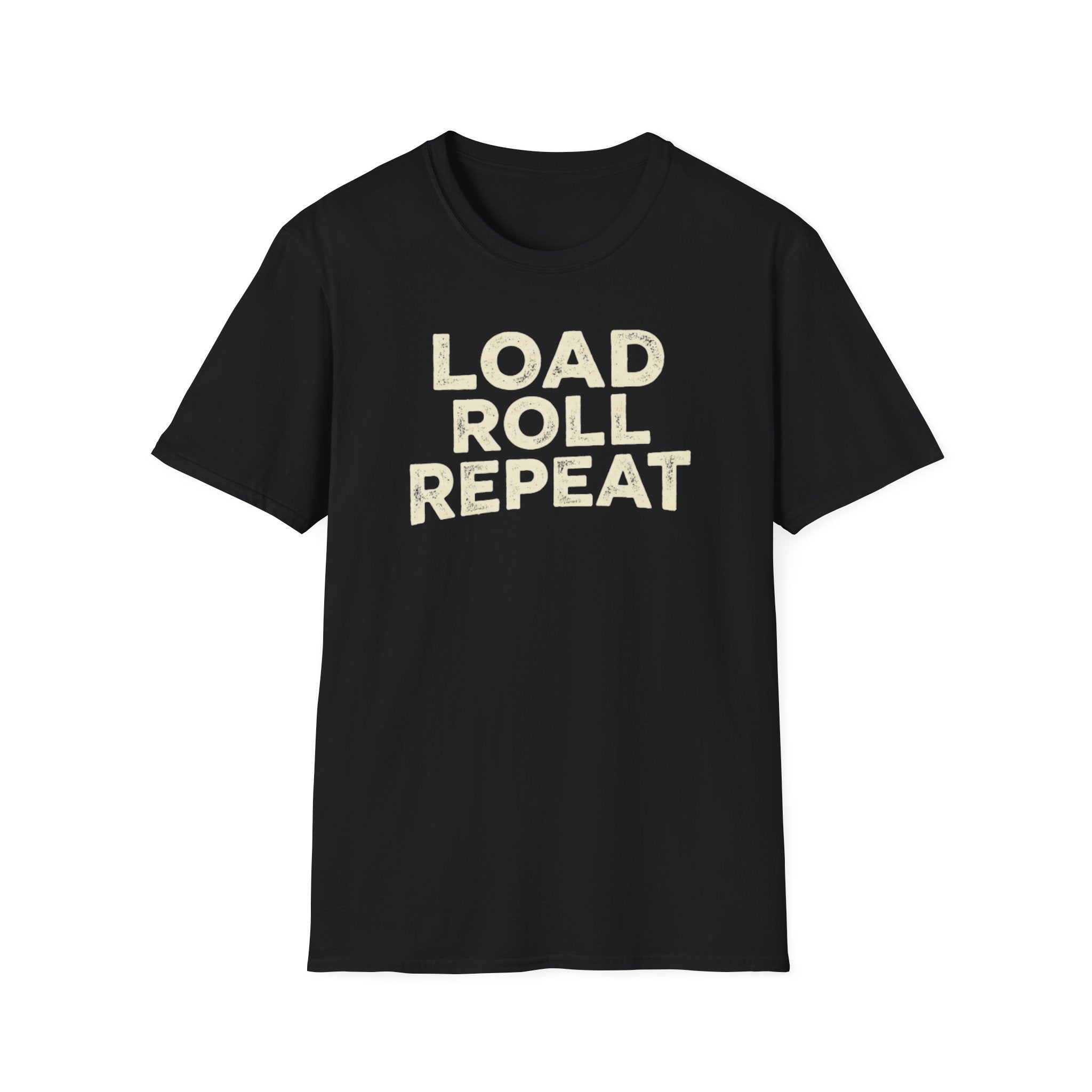 Black t-shirt with a graphic design and text 'Load Roll Repeat' on a white background