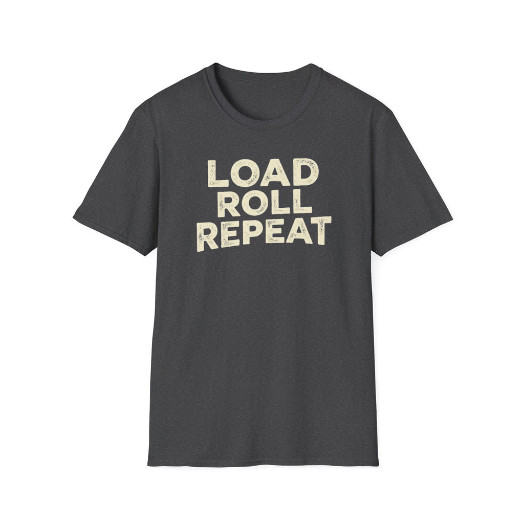 Load Roll Repeat vintage typography dark heather t-shit on a white background.