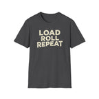 Load Roll Repeat vintage typography dark heather t-shit on a white background.
