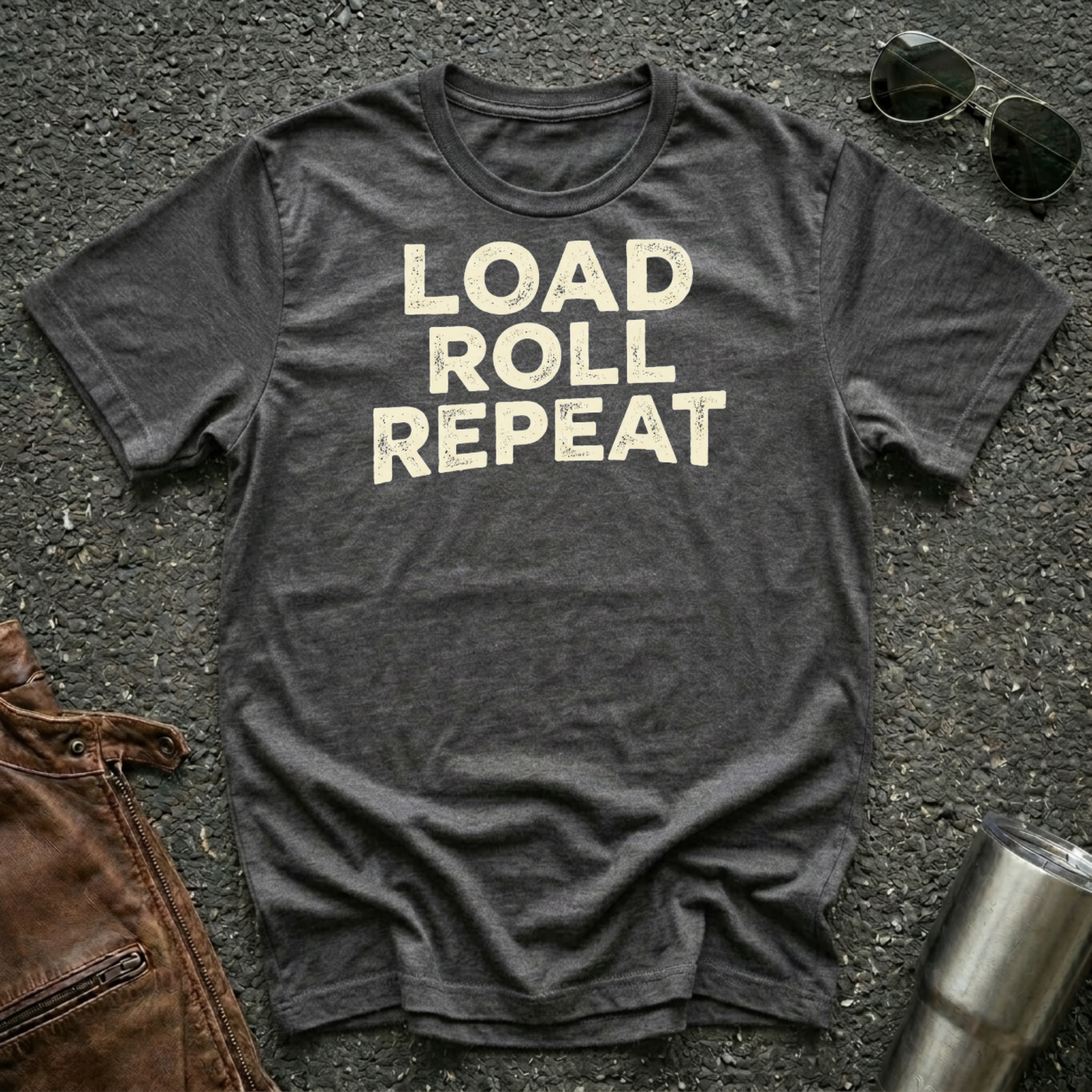 A dark heather gray t-shirt with the words 'LOAD ROLL REPEAT' printed in distressed cream lettering, laid flat on a dark asphalt surface with sunglasses, a brown leather jacket, and a metal tumbler nearby.