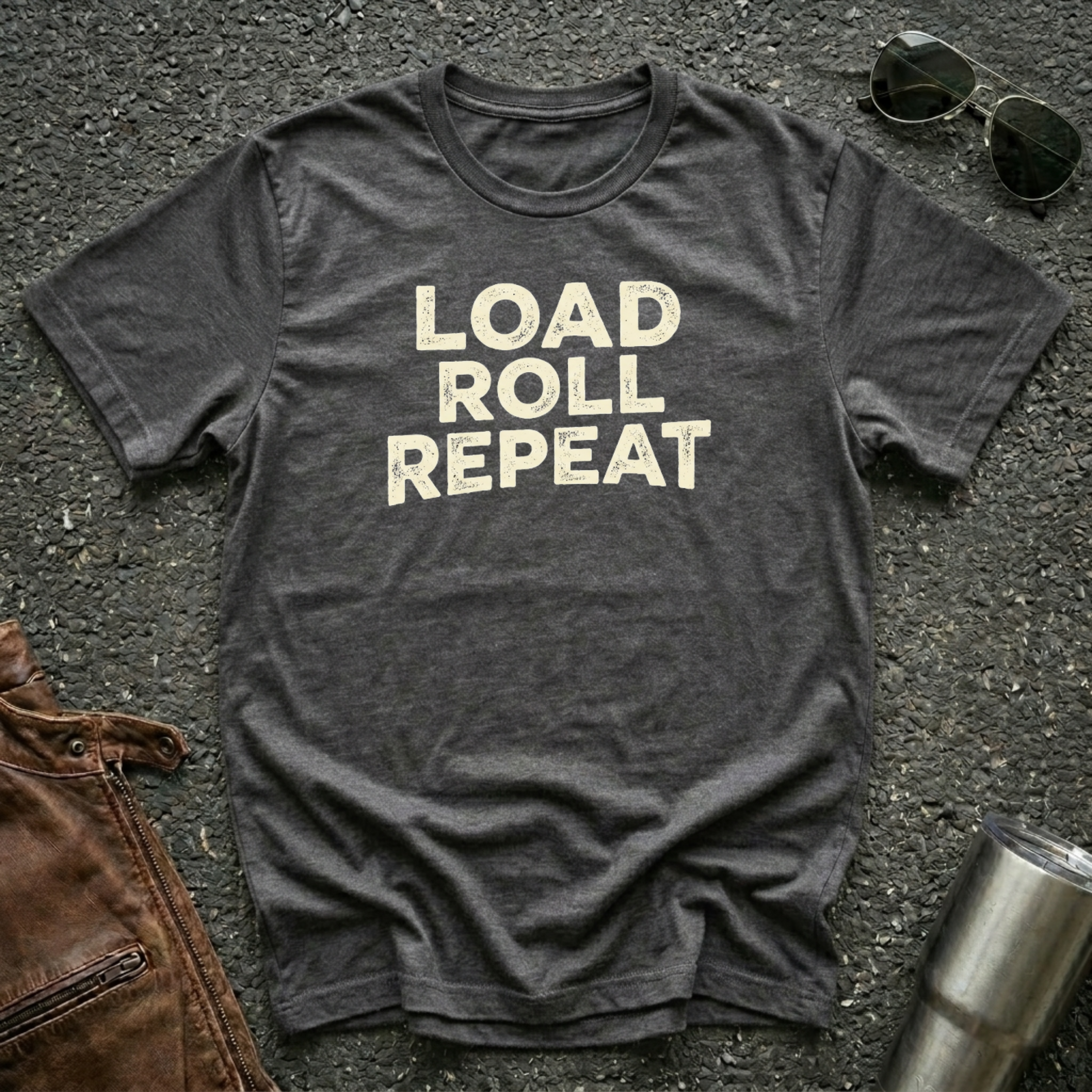 'Load Roll Repeat' typography design on dark heather Gildan 64000 unisex t-shirt