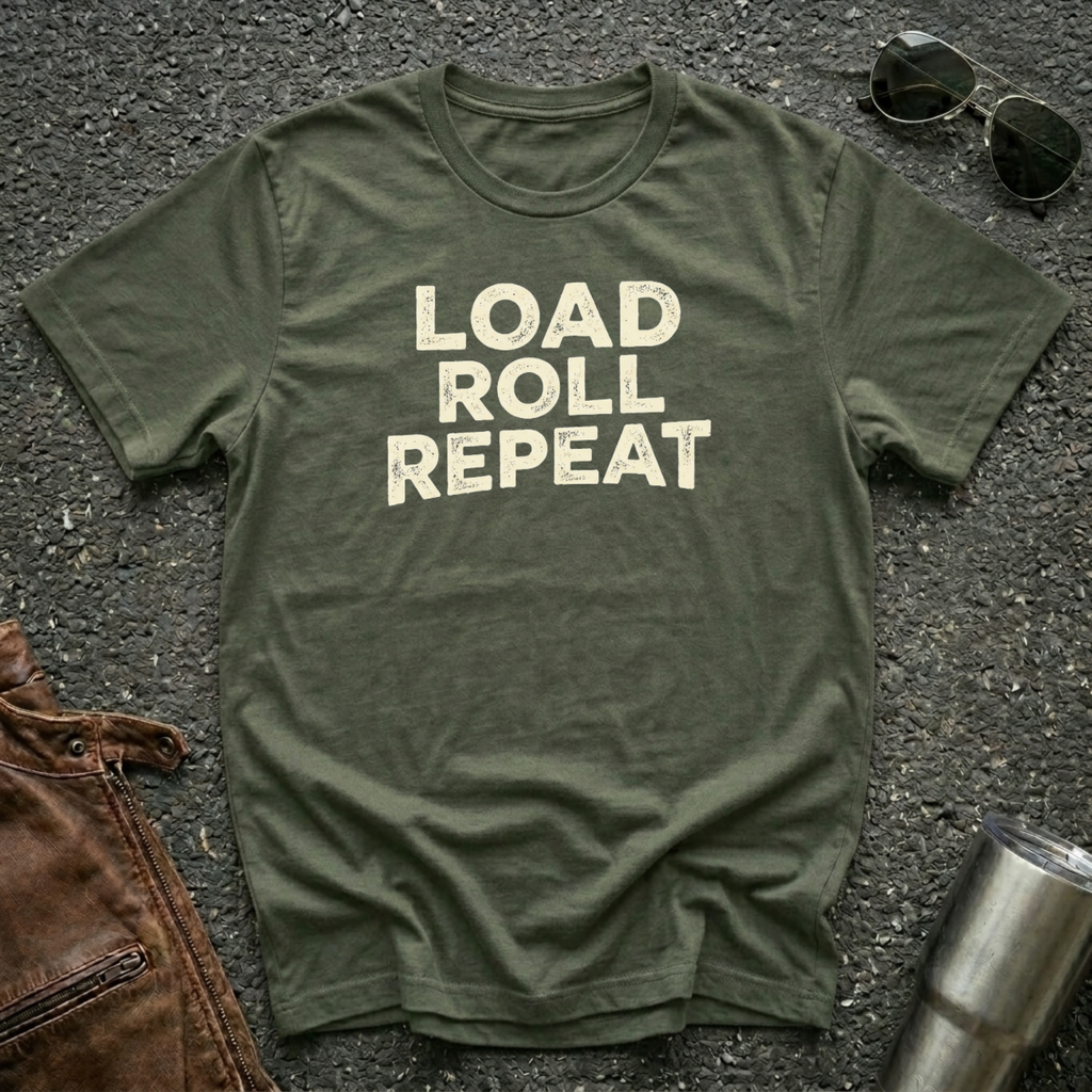 'Load Roll Repeat' typography design on military green Gildan 64000 unisex t-shirt