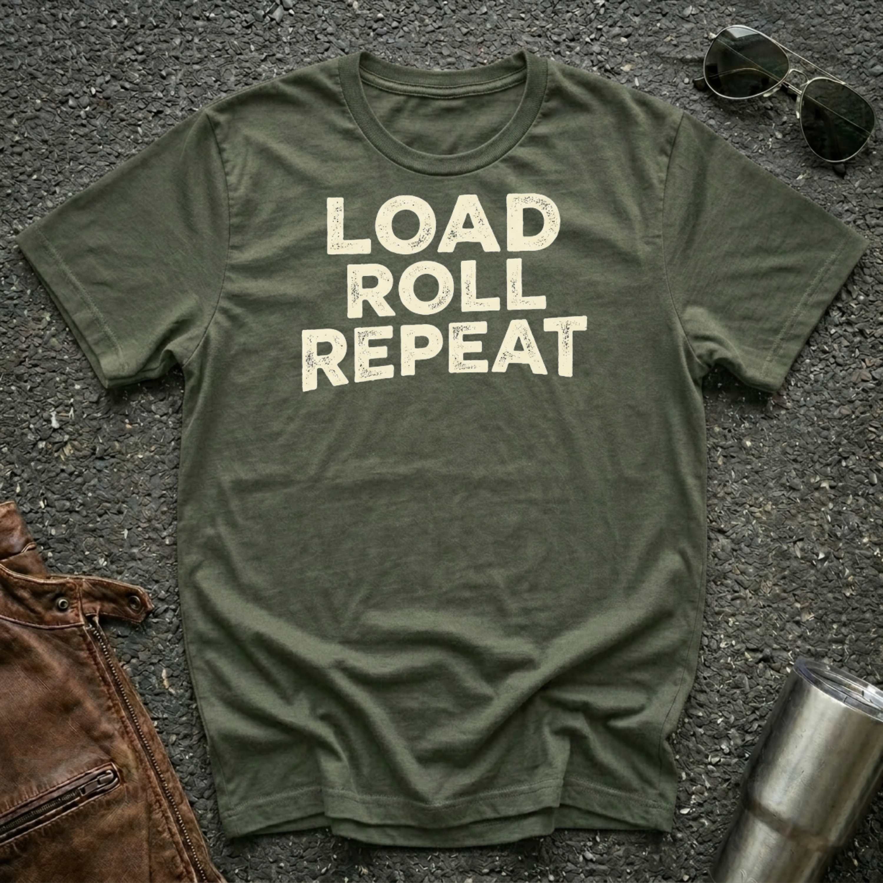 An olive green crewneck t-shirt with the words 'LOAD ROLL REPEAT' printed in distressed cream lettering across the chest, styled in a flat-lay on dark asphalt with sunglasses, a brown leather jacket, and a metal tumbler nearby.