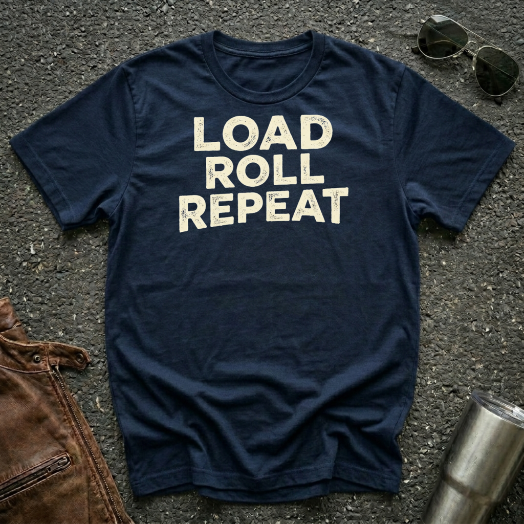 A navy blue crewneck t-shirt with the words 'LOAD ROLL REPEAT' printed in distressed block letters across the chest. The shirt is laid flat on a dark asphalt surface, styled with sunglasses, brown leather jacket, and a silver tumbler.