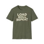 An olive green crewneck t-shirt with the words 'LOAD ROLL REPEAT' printed in a distressed cream-colored font across the chest, displayed on a solid white background.