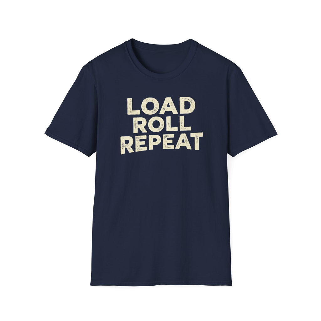 Load Roll Repeat navy t-shirt on a white background .