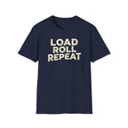 Load Roll Repeat navy t-shirt on a white background .