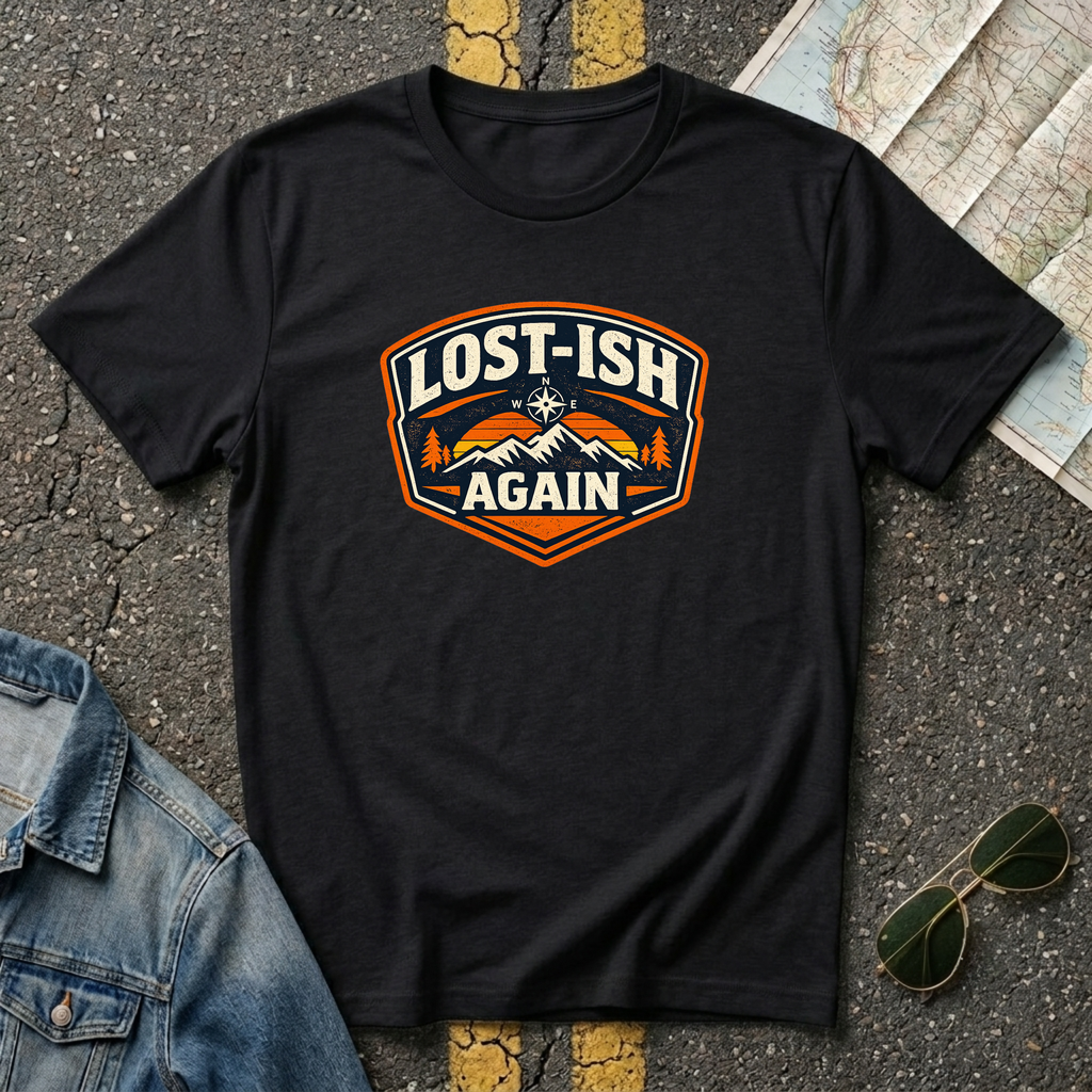 Black road trip t-shirt featuring a vintage mountain badge with the phrase "Lost-ish Again"