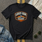 Black road trip t-shirt featuring a vintage mountain badge with the phrase "Lost-ish Again"