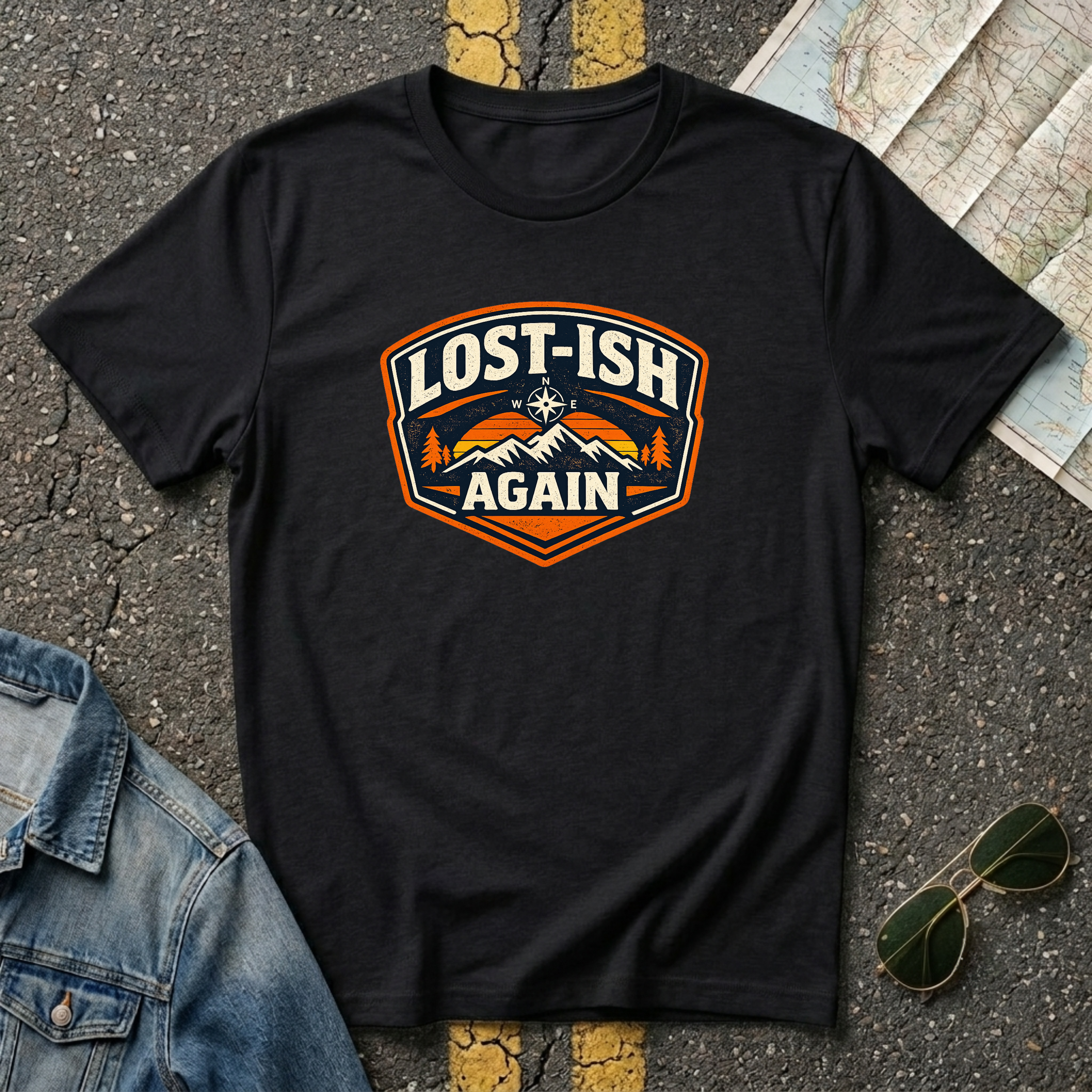 Black road trip t-shirt featuring a vintage mountain badge with the phrase "Lost-ish Again"