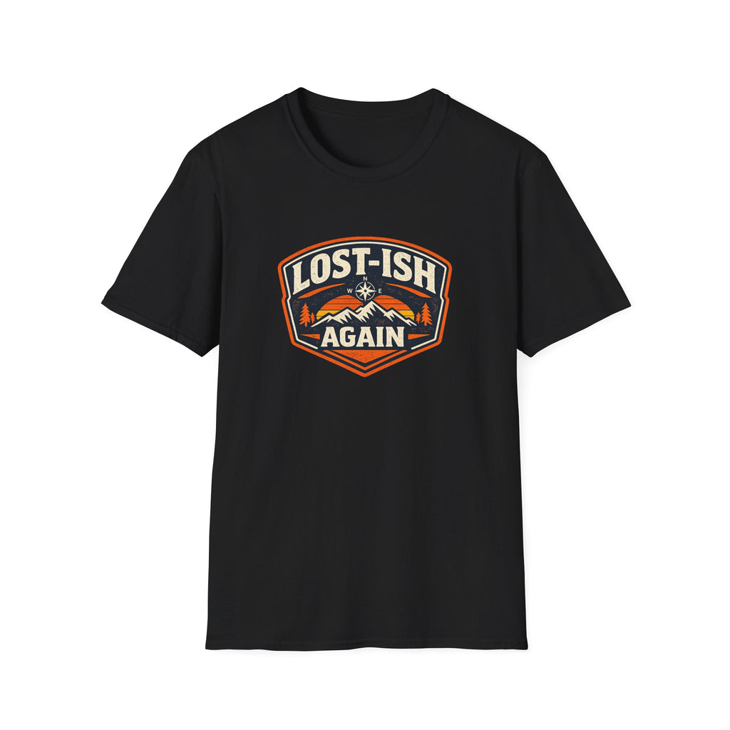 Black road trip t-shirt featuring a vintage mountain badge with the phrase "Lost-ish Again" on a white background