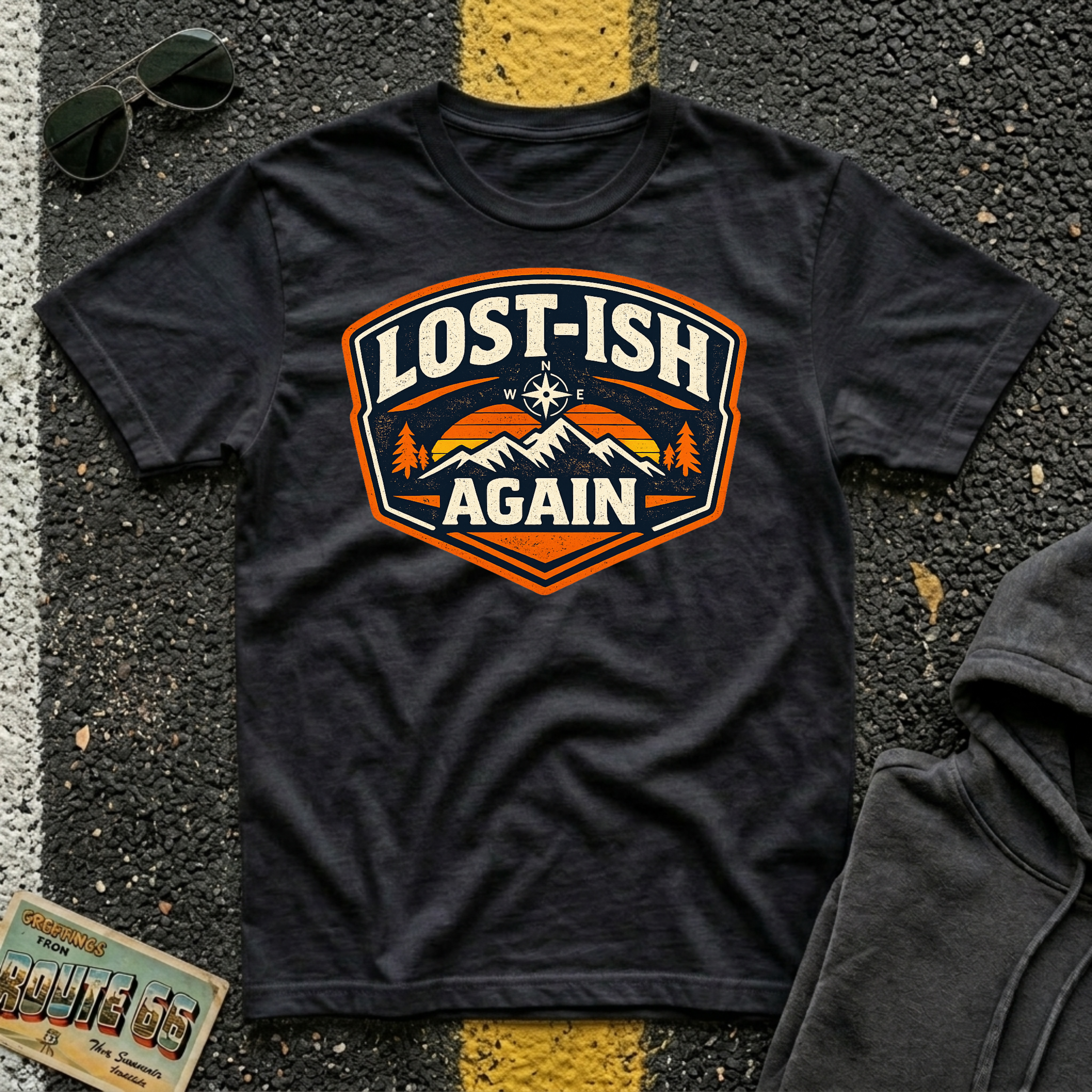 Lost-ish Again T-shirt in a black color featuring a vintage mountain and compass design for road trip enthusiast RV travelers, and outdoor adventurers.