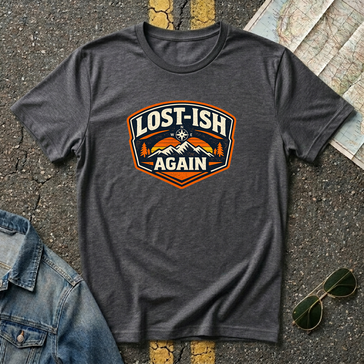 Dark heather road trip t-shirt featuring a vintage mountain badge with the phrase "Lost-ish Again"