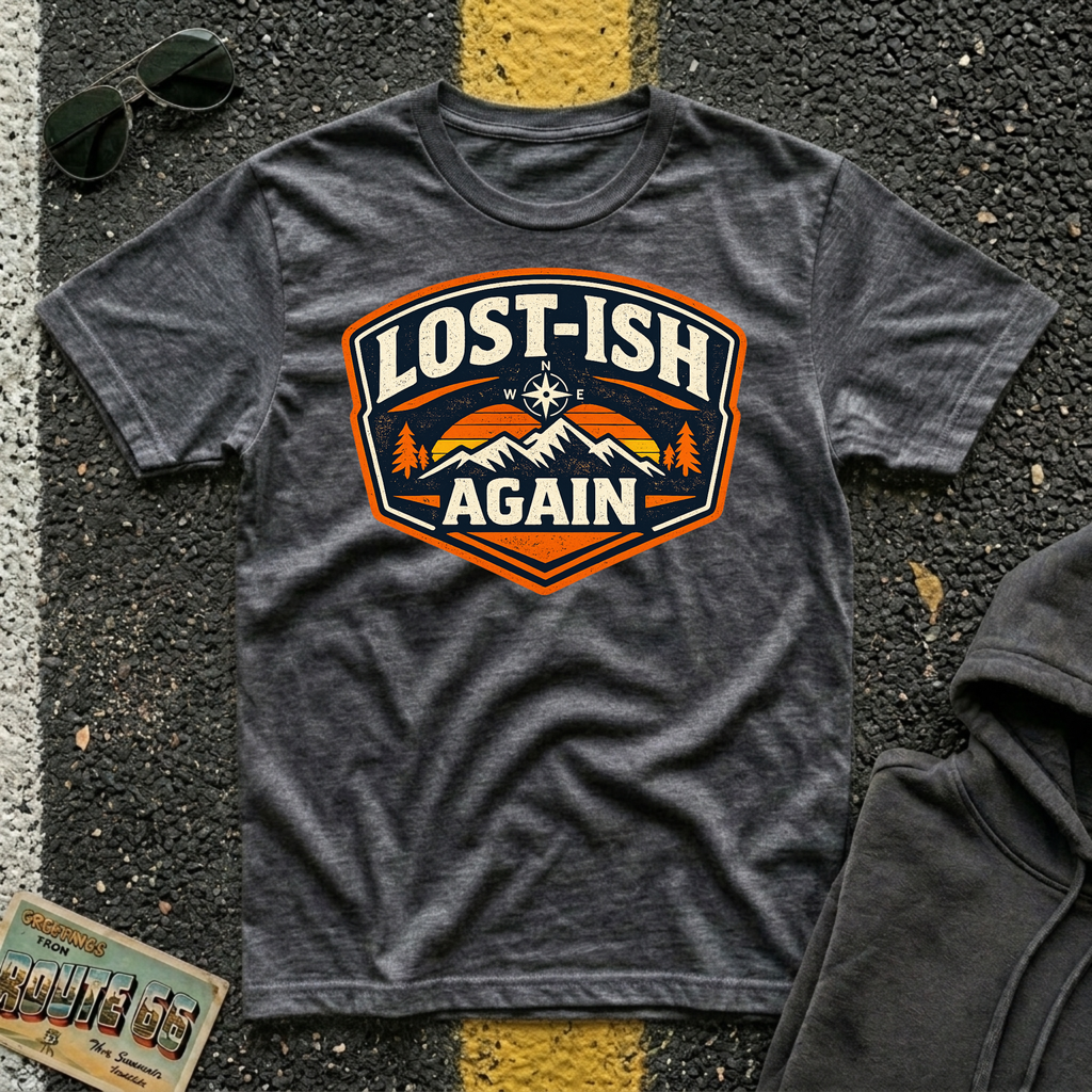 Lost-ish Again T-shirt in a dark heather color featuring a vintage mountain and compass design for road trip enthusiast RV travelers, and outdoor adventurers.